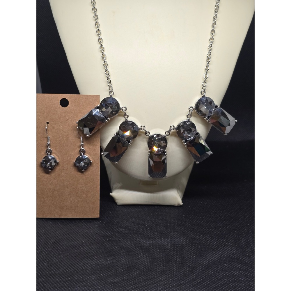 Smoky Grey Crystal Bib Statement Necklace and Matching Drop Earring Jewelry Set